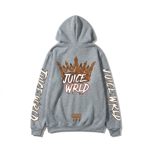 Gray pullover hoodie on a white background, featuring Juice WRLD graphics, crown, “999” emblem, kangaroo pocket, and bold sleeve text.